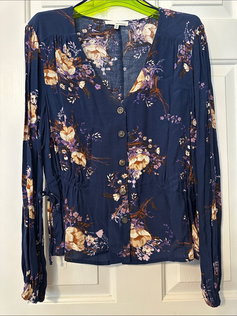 june & hudson Navy Floral Button-Down Blouse with Tan & Purple Accents